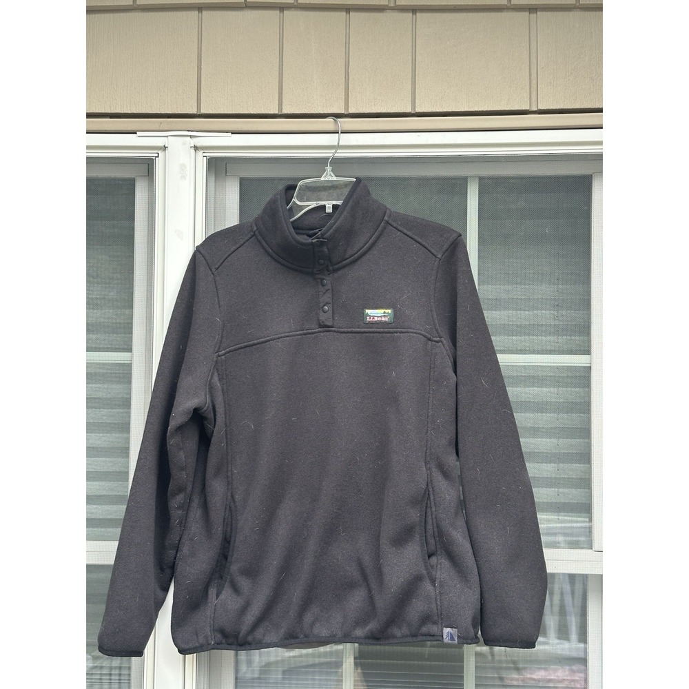 LL Bean Sweater Womens X- Large Black Fleece Pullover   T-Snap Style